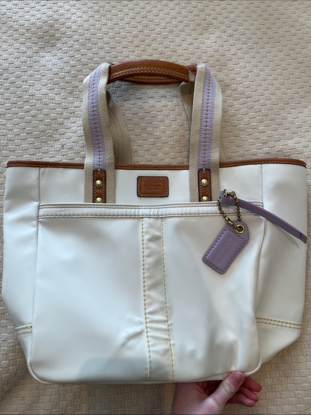 Coach Cream Leather Tote with Lavender Trim and Tan Accents